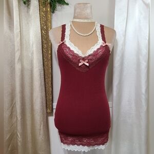♡ Y2K ♡ Hollister Burgundy Red Lace Cami Satin Bow Tank Top